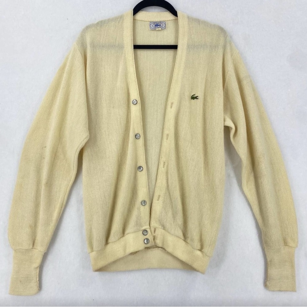 Lacoste Cream Cardigan Sweater V-Neck Ribbed